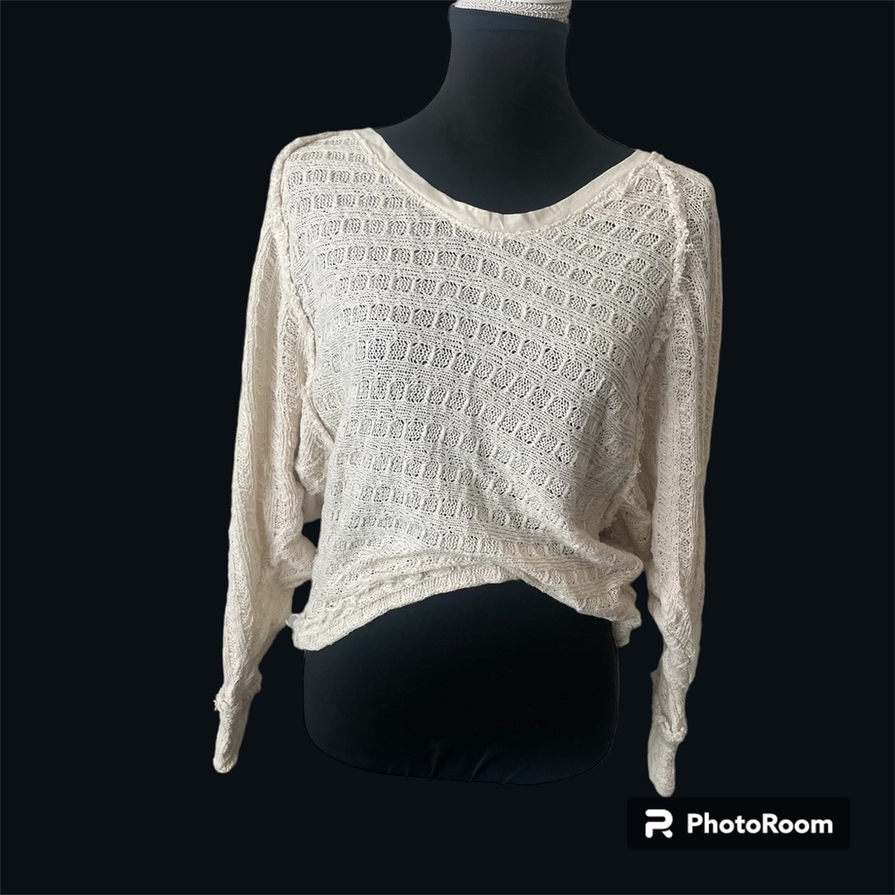 Free People We The Free Knit Sweater Off Shoulder Lightweight Crochet Cream Sz S